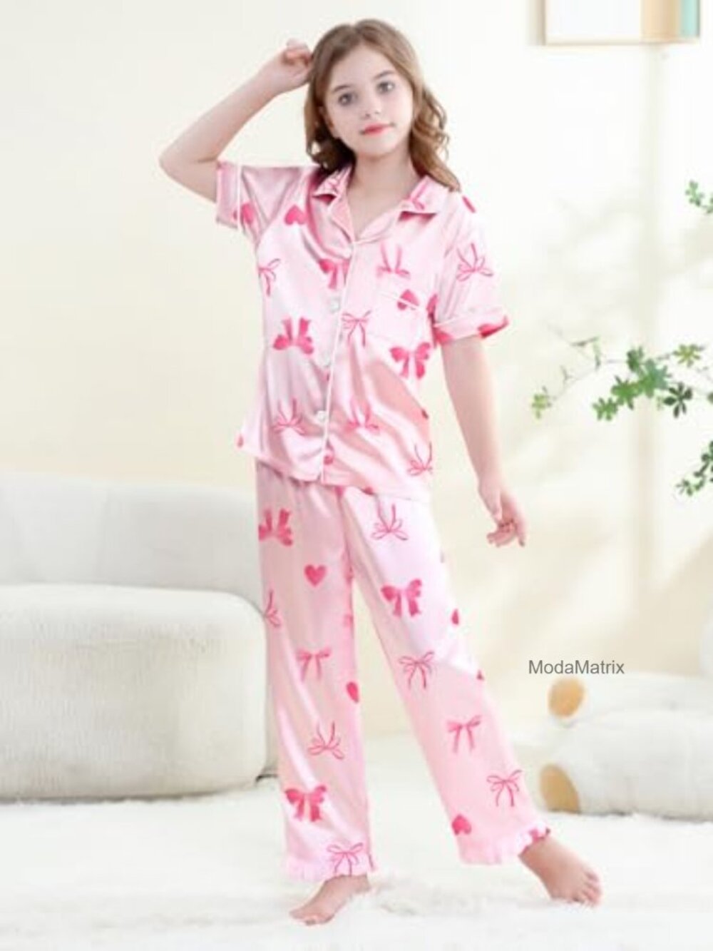 Girls Silk Satin Pajama Set 2 Piece Short Sleeve Button Down Pjs Sleepwear - Picture 4 of 6
